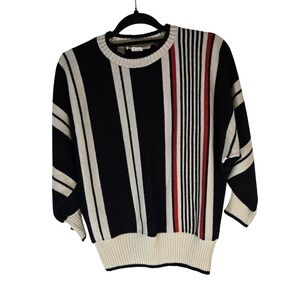 Vtg Vivanti Striped Knit Sweater Black‎ White Red Acrylic Blend Made in USA